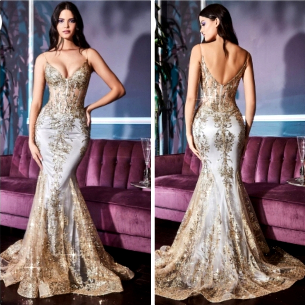 Nwot Ladivine Silver w/Gold Sequin Lace Overlay Mermaid Semi Sheer Corset  Gown